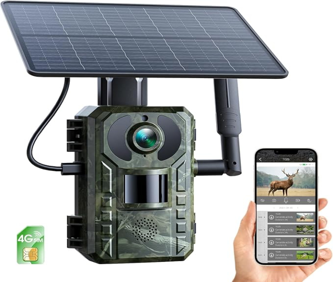 4G Solar Cellular Trail Camera,2.5K HD Live Video App Control with Built-in SIM 940nm No Glow Night Vision Game Camera with IP66 Waterproof for Wildlife Monitoring