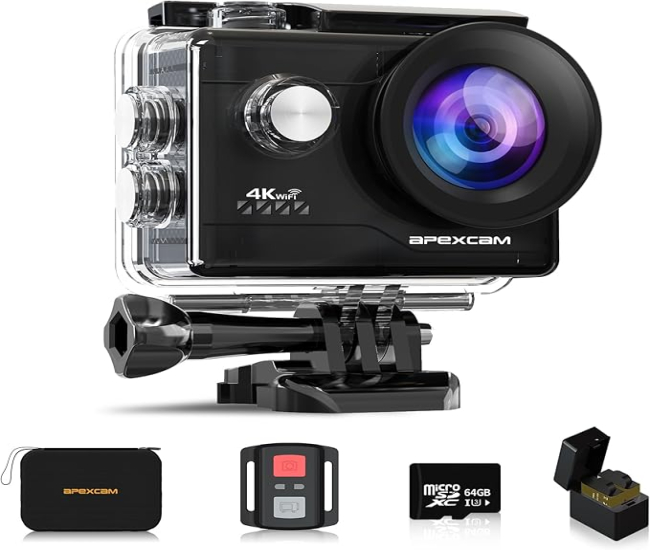 4K WiFi Action Camera with 64GB Memory Card Waterproof Underwater Camera 40M Sport Camera 2.0'LCD 170 ° Wide-Angle 2.4G Remote Control 2X1050mAh Batteries and Multiple accessorie