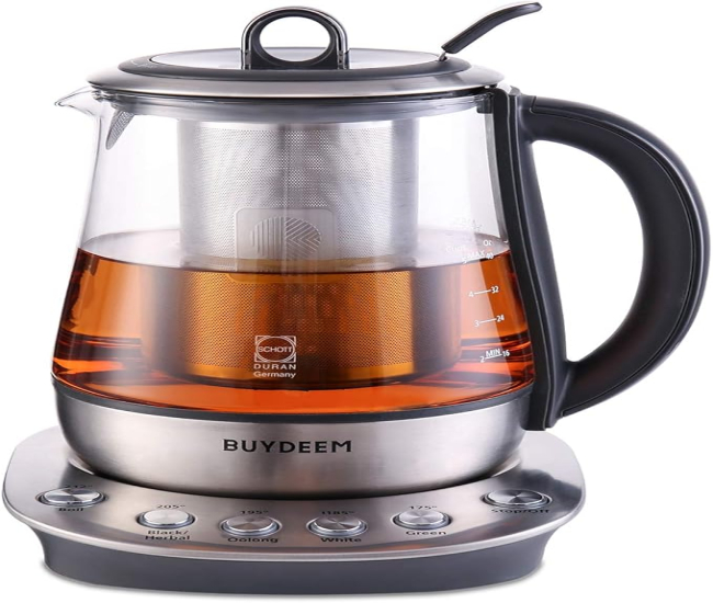 BUYDEEM K2423 Tea Maker, Durable 316 Stainless Steel & German Schott Glass Electric Kettle, Removable Infuser, Auto Keep Warm, BPA Free, 1.2L