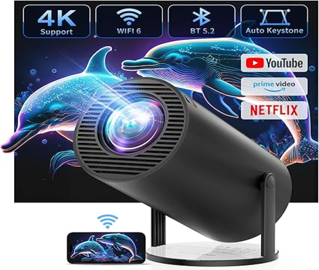 CLOKOWE 4K Mini Projector with WiFi and Bluetooth - 180° Rotation & Auto Keystone, FHD 1080P Supported, Portable Outdoor Movie Projector, Compatible with TV Stick/Windows/Android/HDMI/USB