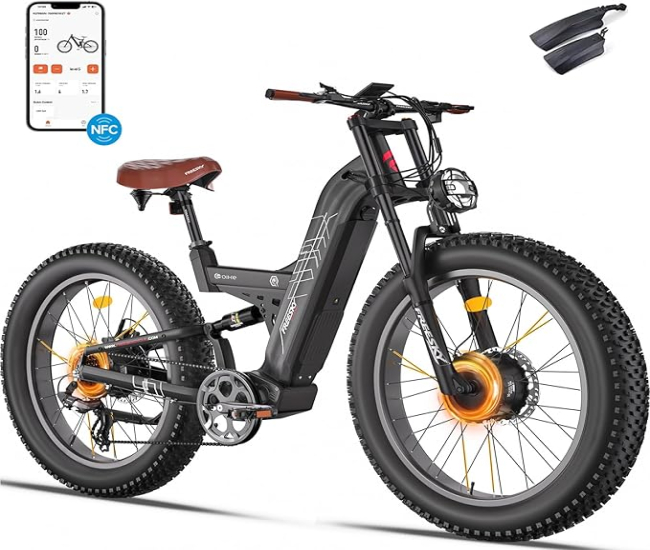 FREESKY Warrior Dual Motor Electric Mountain Bike for Adults, Peak 2800w 60+kmh 48V 25Ah Samsung Cells Battery Mountain E Bike, Full Suspension Fat Tire Electric Bike, All Wheel Drive E Bicycles