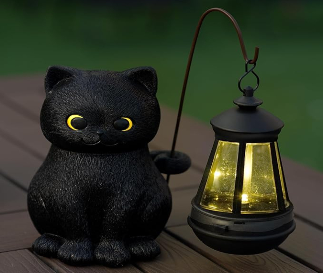 Hkojewp Solar Garden Decor Black Cat Statue, Cat Sculptures with LED Light Outdoor Home Decor for Patio Balcony Yard Lawn Housewarming, Art Statues Garden Gifts for Mom Grandma Dad