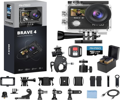 Brave 4 4K30fps Action Camera +64GB MicroSDXC Memory Card Accessories Kit Bundle - 20MP Ultra HD Photo EIS 30m Waterproof Camera WiFi Remote Control 5X Zoom Underwater Video Cameras