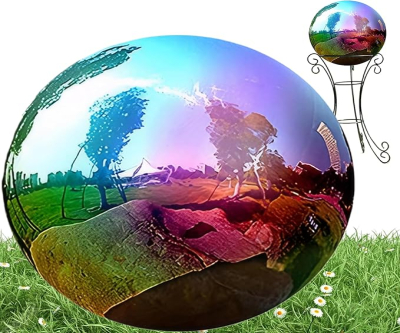 Gazing Ball, 10 Inch Stainless Steel Garden Gazing Ball, 360° Mirror Rainbow Reflective Gazing Globe, Polished Hollow Garden Gazing Ball for Pond Swimming Pool Patio Lawn