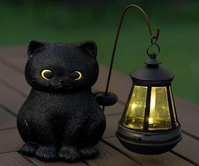 Hkojewp Solar Garden Decor Black Cat Statue, Cat Sculptures with LED Light Outdoor Home Decor for Patio Balcony Yard Lawn Housewarming, Art Statues Garden Gifts for Mom Grandma Dad
