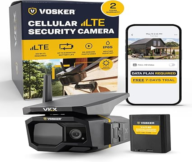 Vosker VKX Solar Powered 4G-LTE Outdoor Cellular Security Camera - No WiFi Needed, Motion Activated, Night Vision, SIM Card Included, On-Demand Mode, IP65 Weather-Resistant